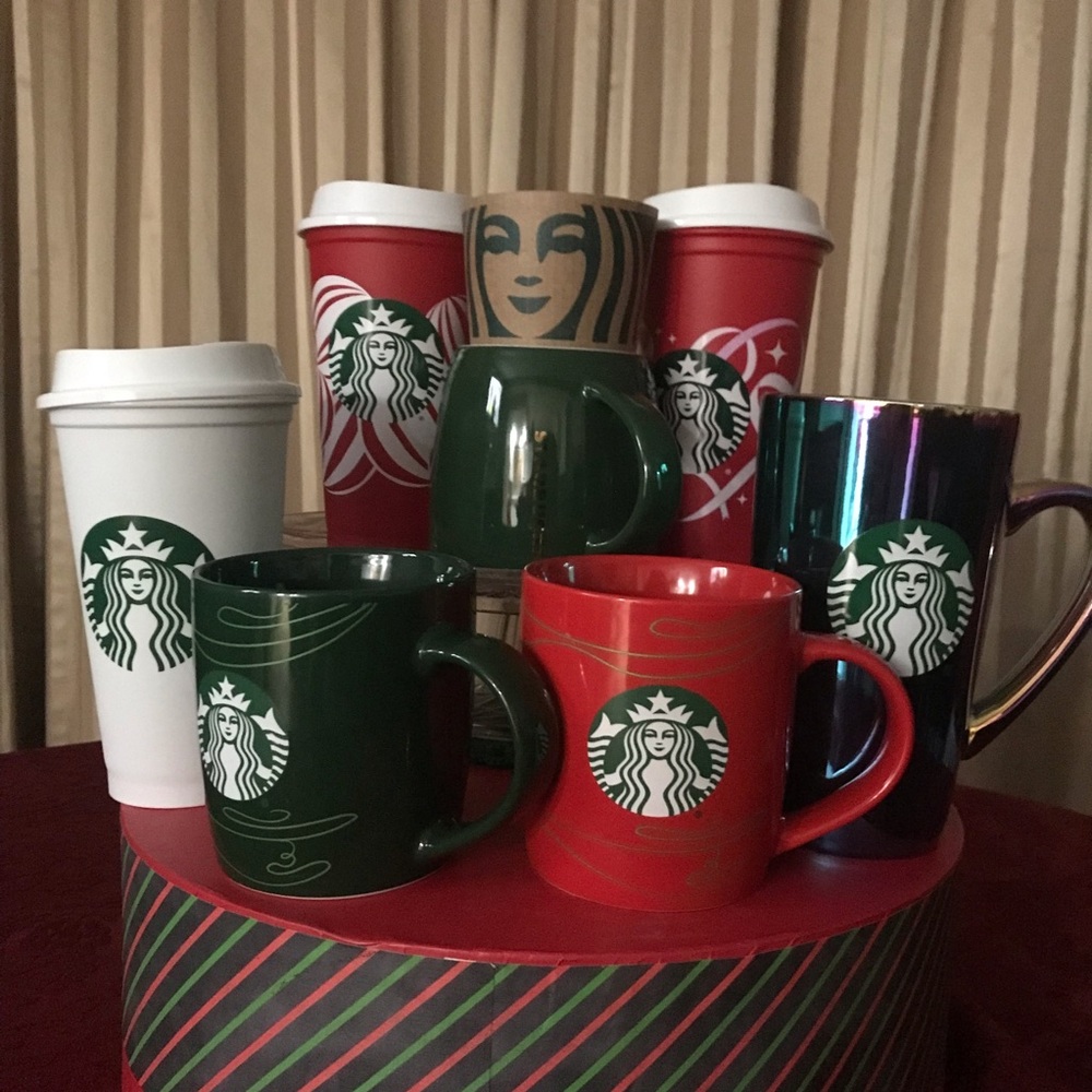 Starbucks Mugs cups Red green white Holiday colors 7 cups